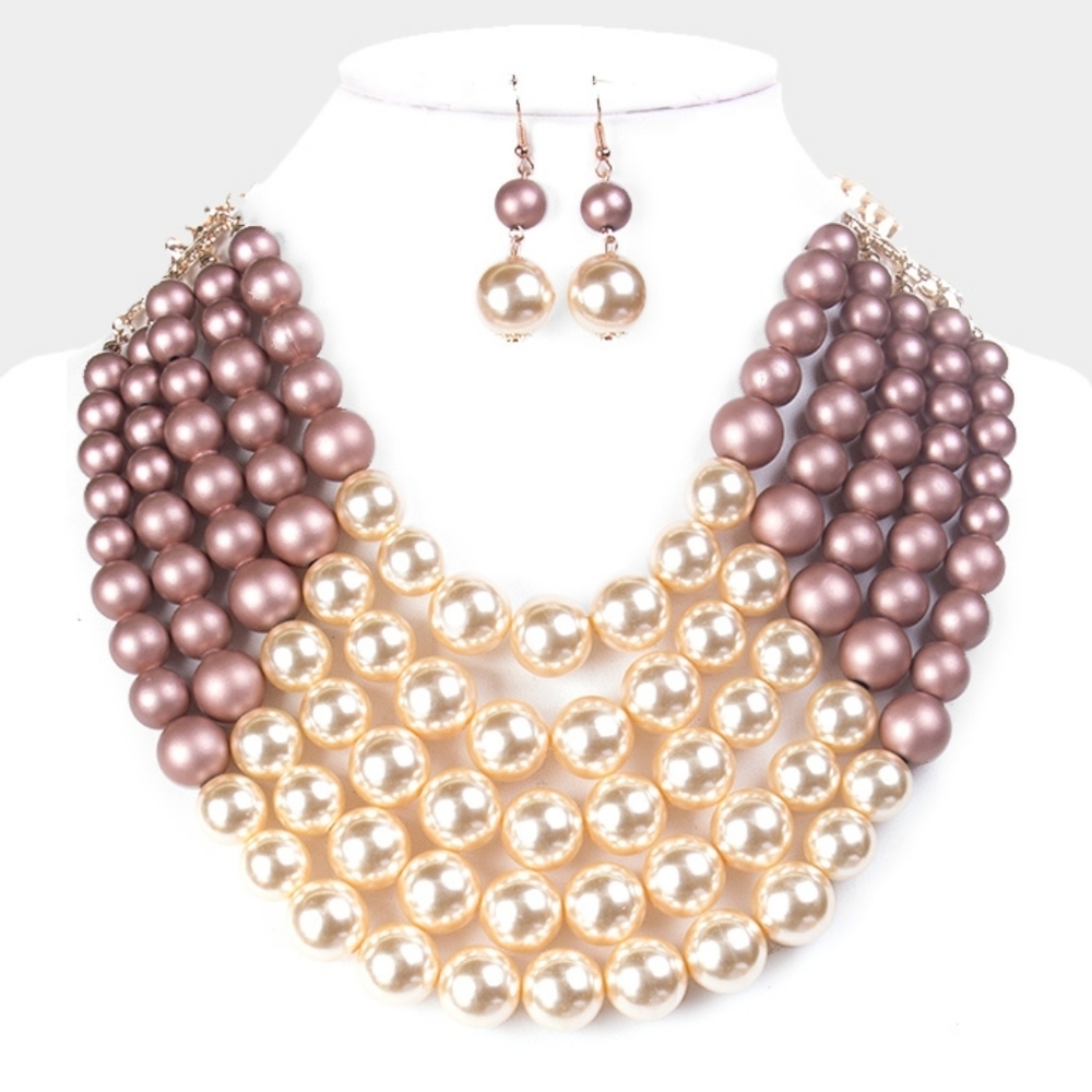 Multi Layered Rose Gold Cream Pearls Necklace Set
